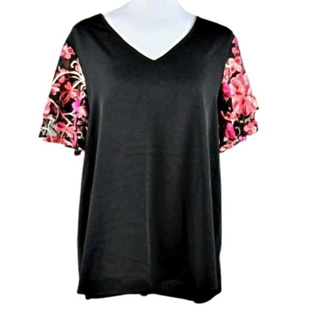 Sheer Tiered Lace Applique Floral Sleeves V-Neck Black Top
